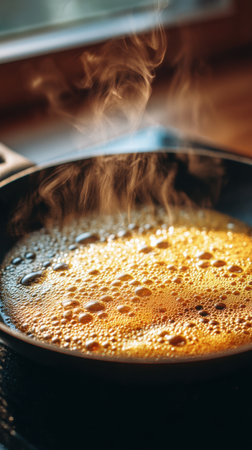 Frying pan with hot oil in the kitchen. Selective focus.の素材