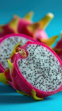 Dragon fruit on a blue background, close-up, selective focusの素材