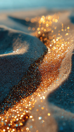 Closeup of sand dunes with golden bokeh lights. Nature backgroundの素材