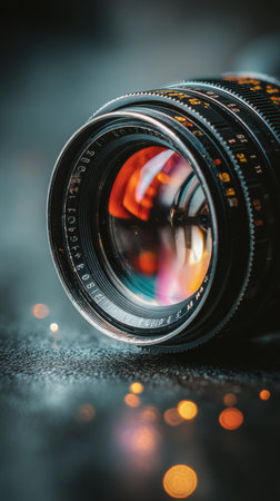 Close up of a camera lens with bokeh lights on backgroundの素材