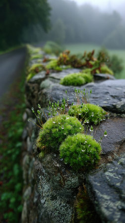 Moss on a stone wall with a foggy road in the backgroundの素材