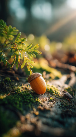 Acorn on a tree trunk in the forest. Autumn background.の素材