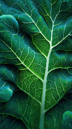 close up of green kale leaf texture background, shallow depth of fieldの素材