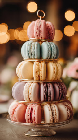Colorful macaroons on a cake stand in front of a blurred backgroundの素材