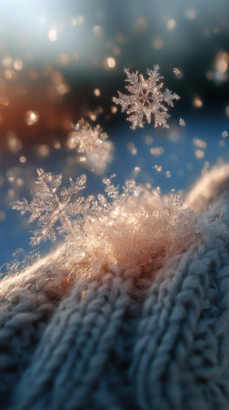 Beautiful snowflakes on knitted background. Winter concept.の素材