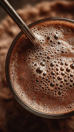 Cocoa drink in a glass on wooden background, top viewの素材