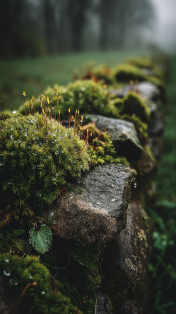 Green moss on a stone wall in a foggy meadow.の素材