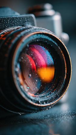 Vintage camera with water drops on a dark background. Shallow depth of fieldの素材