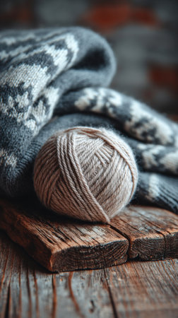 Knitting woolen scarf and ball of yarn on a wooden backgroundの素材