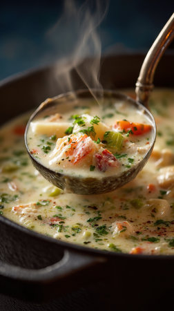 Fish soup with vegetables and smoked salmon in a cast-iron panの素材