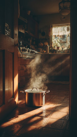 cooking pot in the kitchen with steam coming out of the ovenの素材