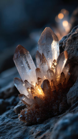 Beautiful crystal of quartz on the rocks. Close-up.の素材