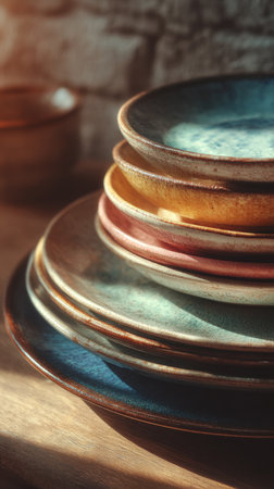 Stack of colorful ceramic plates on wooden table in kitchen, closeupの素材