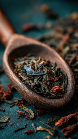 Dry black tea leaves in wooden spoon on dark green background.の素材