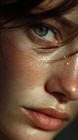 Portrait of a beautiful young woman with freckles and blue eyesの素材