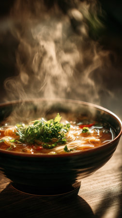 Ramen soup in bowl on wooden table, closeup. Asian cuisineの素材