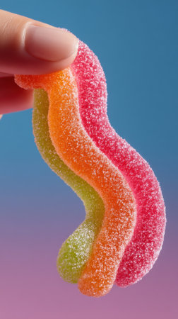 Jelly candies in hand on a blue-pink backgroundの素材