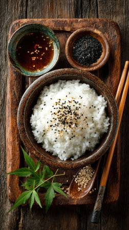 Rice with sesame in bowl and chopsticks on wooden backgroundの素材