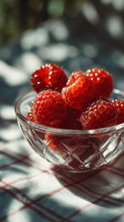 Ripe raspberries in a glass bowl. Selective focus.の素材
