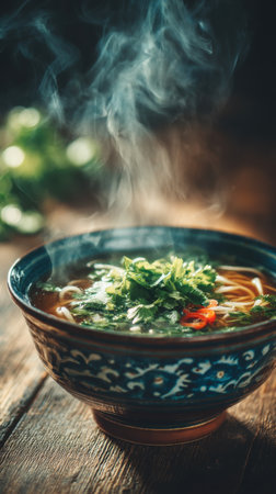 Bowl of spicy miso soup with vegetables and herbs on wooden tableの素材
