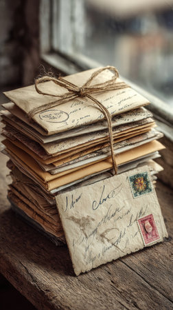 Old postcards and envelopes tied with twine on wooden tableの素材