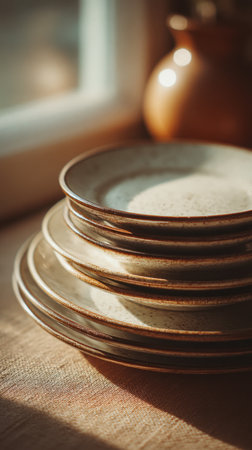 Stack of plates on the table. Selective focus. Toned.の素材
