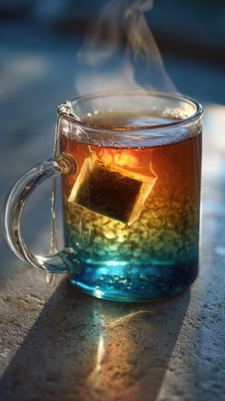 Glass cup of tea with teabag on the table in sunlightの素材