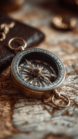 Compass on old map. Vintage style toned picture with selective focusの素材
