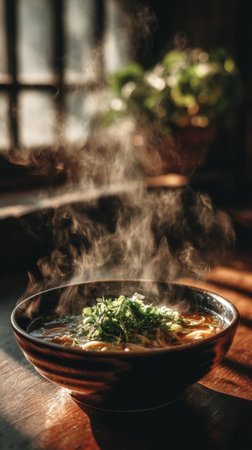 Japanese miso soup in a clay bowl on a wooden table.の素材