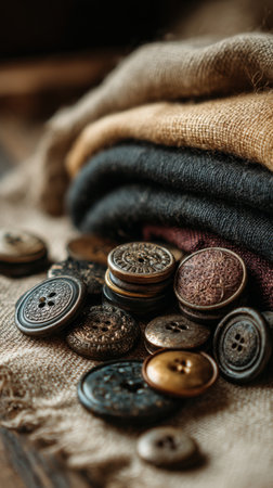 Buttons for clothes on a wooden background. Selective focus.の素材