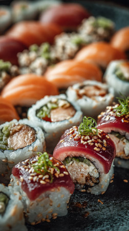 Sushi set with salmon, tuna, cucumber, cream cheese, sesame seeds and sesame seedsの素材