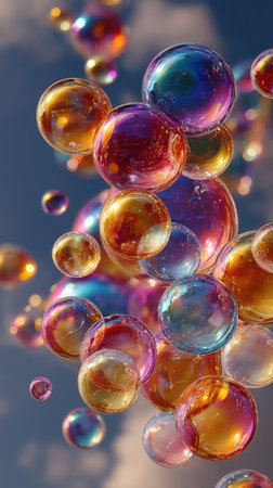 Colorful soap bubbles fly in the sky. 3D illustration.の素材