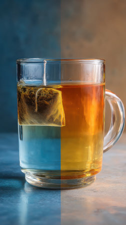 Glass cup of tea with a teabag on a blue backgroundの素材