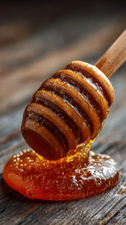 Honey dripping from a wooden honey dipper on rustic wooden backgroundの素材