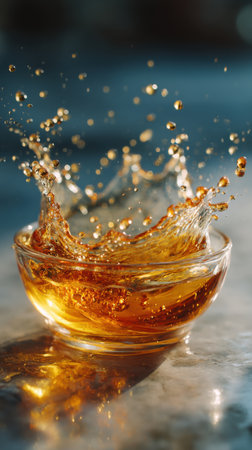 Splash of whiskey in a glass bowl with splashes and dropsの素材