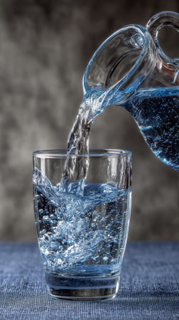 Pouring water into a glass of water on a blue tableclothの素材