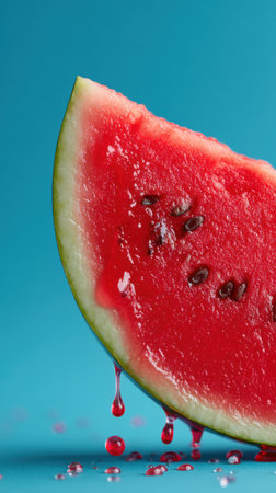 Watermelon on a blue background with splashes of water and dropsの素材