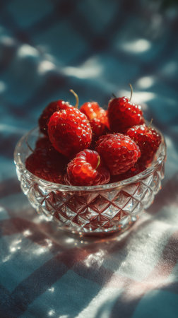 Ripe wild strawberries in a glass bowl on a blue background.の素材