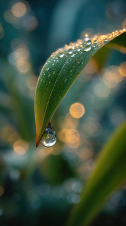 Water drops on a green blade of grass. Beautiful natural background.の素材
