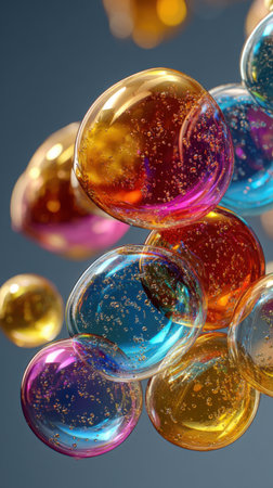 3d rendering of a group of colorful soap bubbles floating in the airの素材