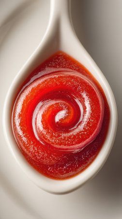 tomato sauce in a spoon on a white background, close upの素材