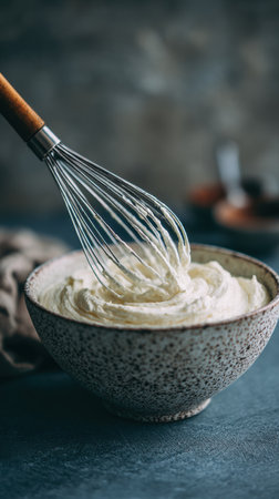 Whipped cream in bowl and whisk on dark background, selective focusの素材