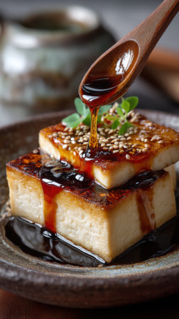 Tofu with sesame seeds and soy sauce. Selective focusの素材