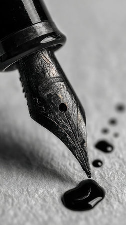 Fountain pen with ink drops close-up. Macro photography.の素材