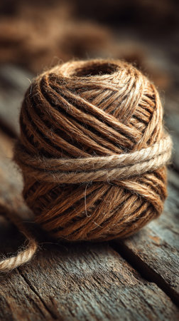 woolen twine on a wooden background, close-upの素材
