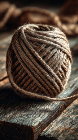 Woolen thread for knitting on a wooden background. Toned.の素材
