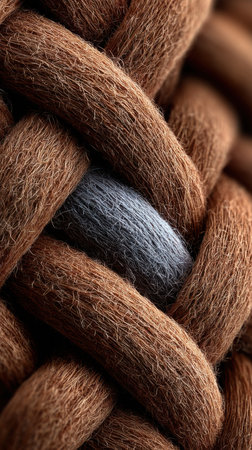 close up of a brown rope with a gray thread as a backgroundの素材