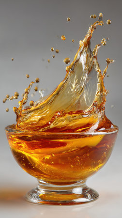 Splash of maple syrup in a glass bowl on a gray backgroundの素材