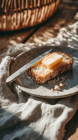 Slice of bread with butter and knife on a plate in sunlightの素材
