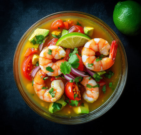 Shrimp salad with lime and onion on dark background, top viewの素材